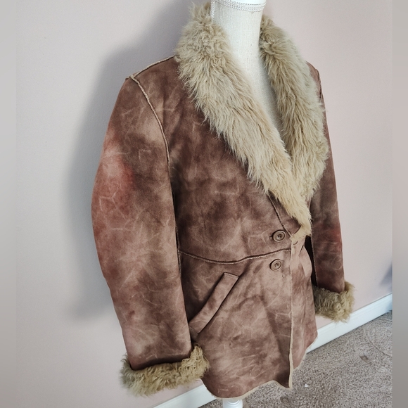 🥰 Vintage Y2K OUTBROOK "Penny Lane" Faux Suede/Faux Fur Overcoat, Distressed, M - Picture 2 of 16